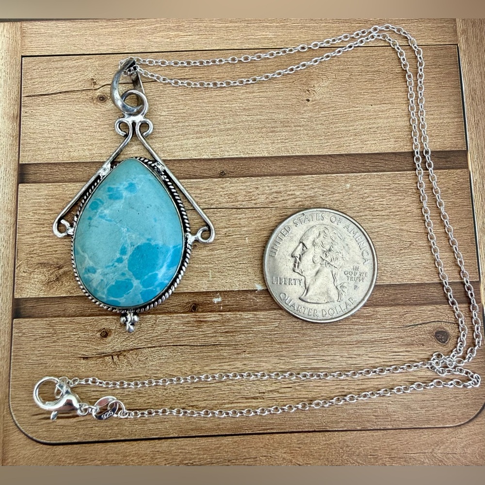 Larimar Pedant Necklace set in .925 Sterling Silver _ Hand-crafted in USA! - Picture 2 of 4